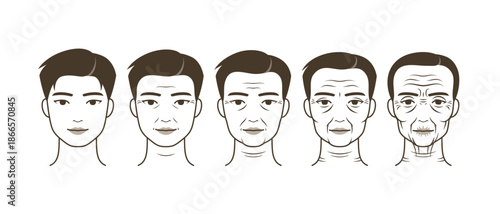 Male aging progression in five illustrated stages from youth to old age with increasing facial changes.