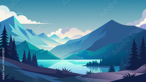Serene mountain panorama with a calm lake reflecting vibrant skies, creating a peaceful and majestic natural landscape illustration perfect for relaxation and escape