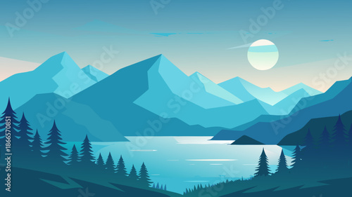 Flat design illustration of a serene mountain landscape at twilight, featuring a calm lake reflecting the sky, surrounded by evergreen trees under a soft, glowing celestial body