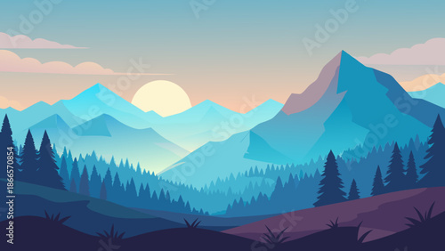 Vibrant layered mountain landscape illustration at dawn, showcasing a serene natural vista with towering peaks, dense forests, and a beautiful sky in a modern flat design style