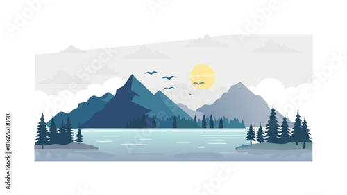 Serene Mountain Lake Landscape with Sun and Birds in a Flat Design Style