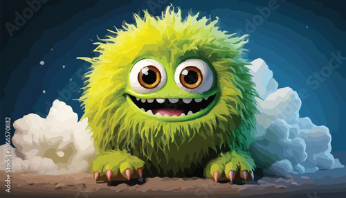 Adorable Green Furry Monster with Googly Eyes and a Cheerful Smile.