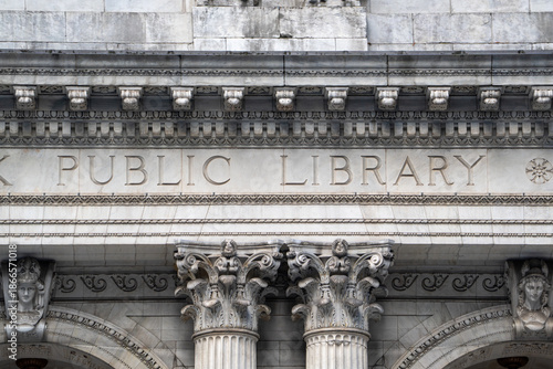 Close-up view of the New York Public Library façade, highlighting timeless architecture, heritage, and cultural identity.
