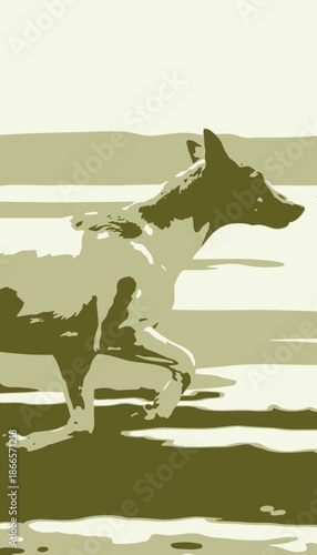 Illustrative depiction of a swift dog gracefully running across a vast grassy field under a serene blue sky