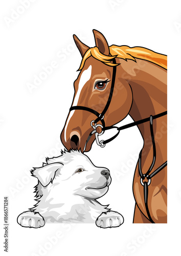 White Swiss Shepherd puppy and red horse are best friends