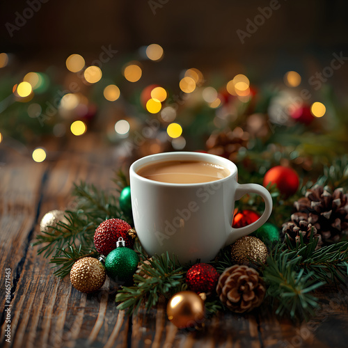 cup of coffee and christmas decorations