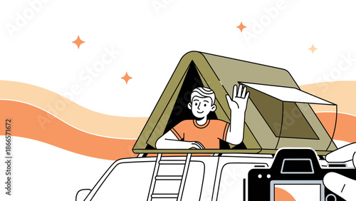 Adventurous Rooftop Camping Trip Vacation Concept With Person Waving Hello