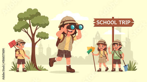 Adventurous School Trip With Happy Children Discovering New Worlds Outdoors