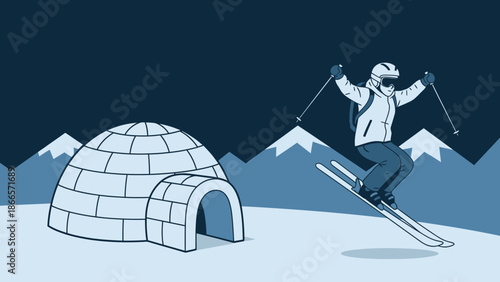Adventurous Skier Jumps Near Igloo In A Snowy Winter Landscape Flat Vector