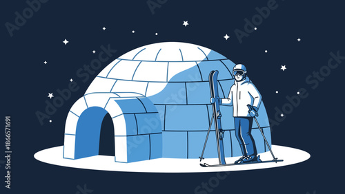 Adventurous Skier Standing Next To Igloo Under Starry Sky Illustration