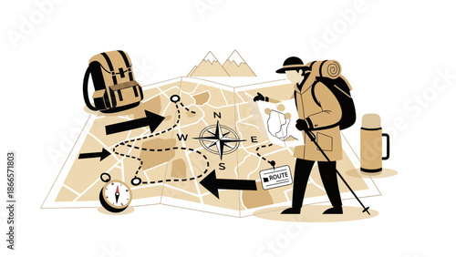 Adventurous Traveler Exploring The Route On The Map During An Outdoor Adventure