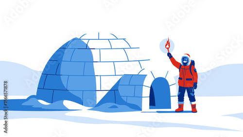 Arctic Explorer Signals With Torch Near Traditional Igloo Structure