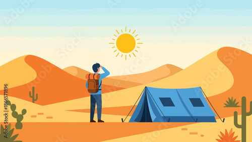 Adventurous Trekker Camping In The Arid Desert Landscape With Sand Dunes