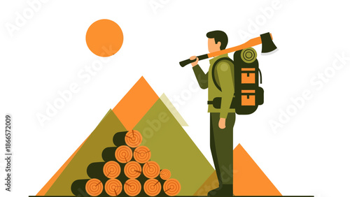 Adventurous Woodcutter Enjoying A Day In The Wilderness With Wood And Mountains