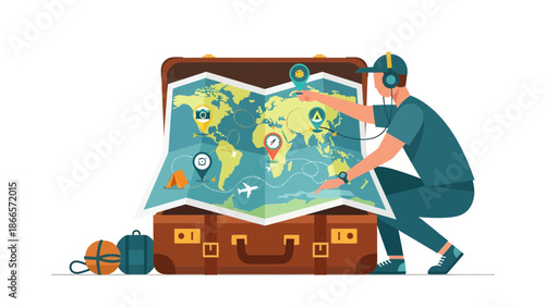 Adventurous Young Man Planning Vacation Trip Using World Map And Suitcase
