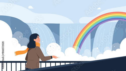 Aesthetic Rainbow Falls View With Woman Figure And Cloudy Mist At Winter