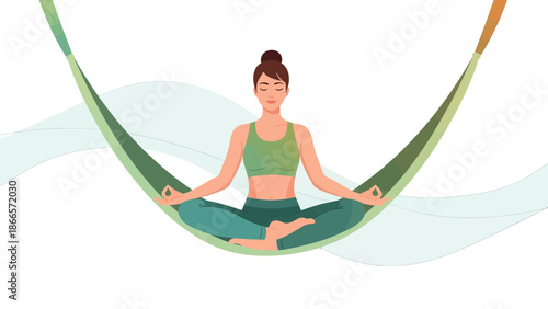 Aerial Yoga Serenity Woman Practicing Meditation in Green Hammock
