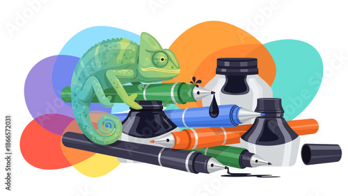 Artistic Chameleon On Fountain Pens With Ink Bottle Creative Composition
