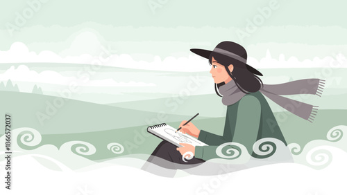 Artist Woman Sketching Nature Scenery on a Peaceful Greenish Landscape
