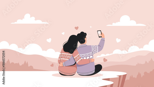 Affectionate Couple Taking Selfie With Mobile Phone In Romantic Nature Scenery