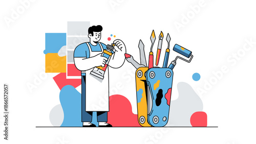 Artistic Painter With Colorful Palette And Creative Tools For Expression