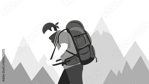 Ascending Alone: Minimalist Illustration Of A Hiker On Mountain Trail