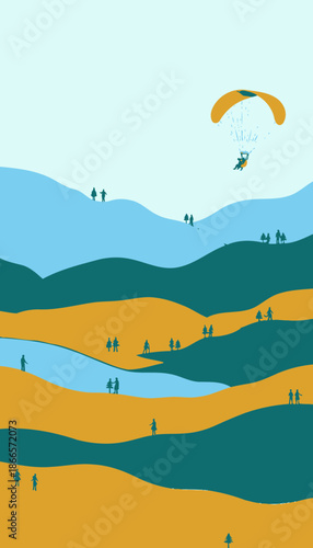 Colorful Hillside Scene with Paraglider Soaring Above Vibrant Layers of Undulating Landscape and Miniature Silhouetted Figures on a Bright Day