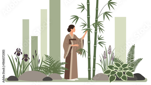 Asian Woman Enjoying A Peaceful Moment In A Tranquil Garden With Bamboo