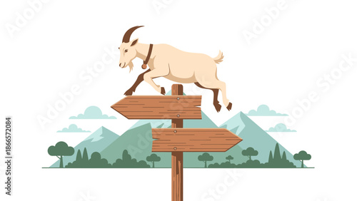 Agile Goat Leaping Over Directional Arrow Signs With Mountainous Scenery Backdrop