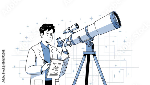 Astronomer Observes Through Telescope While Taking Notes On Scientific Discovery