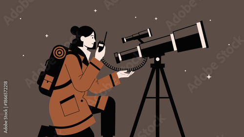 Astronomy Enthusiast Observes Night Sky With Telescope And Radio Communication Device