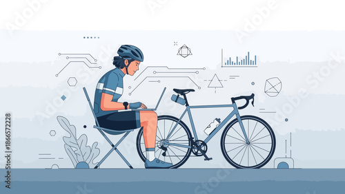 Athlete Relaxing And Working On Laptop After Training Cyclist Resting Outdoors