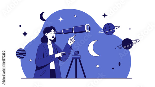 Astronomer Woman Observing Night Sky Through Telescope Adventure And Discovery