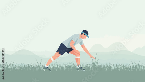 Athlete Stretching In A Field With Distant Hills Under A Bright Sky