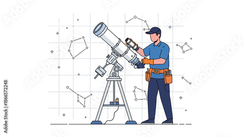 Astronomer Technician Adjusting Telescope Inspecting Outer Space Observation Instrument