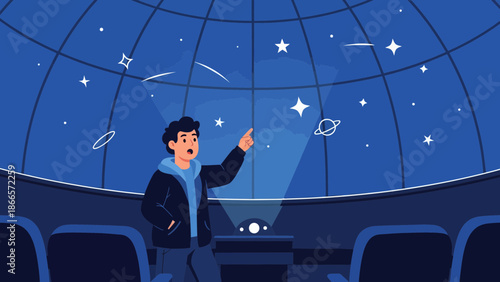 Astronomy Enthusiast Exploring Stars And Planets In The Modern Planetarium Show