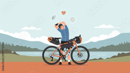 Athlete Stretching Beside His Adventure Bike While Touring In A Mountainous Landscape