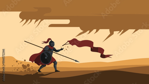 Ancient Warrior Leading An Attack Holding Shield And Spear In Desert Scenery