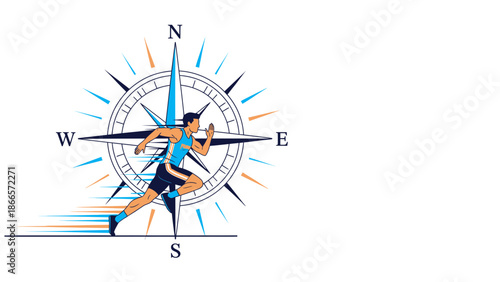 Athletic Endeavor Directional Guidance: Runner With Compass Visualization Icon Logo