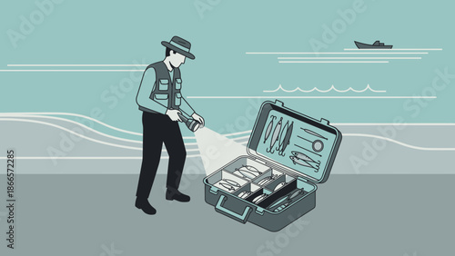 Angler Exploring Fishing Tackle Box on Beach with Flashlight Illustration