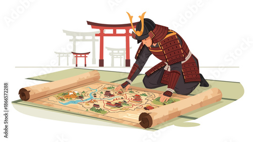 Ancient Warrior Planning Strategy Using Old Map With Historical Location Background