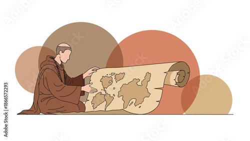 Ancient World Explorer Monk Examining Vintage Map Discovery With Circle Accents