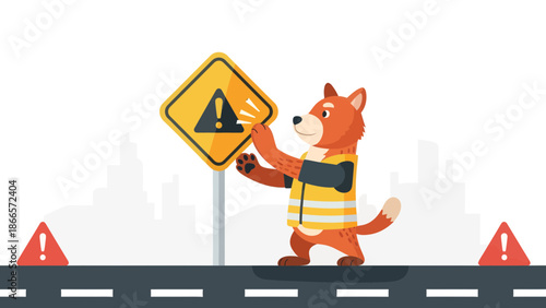 Animated Fox Character Installs A Road Warning Sign Wearing Safety Vest On Street