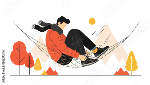 Autumnal Repose Man Relaxing In A Hammock In Nature Scene Illustration