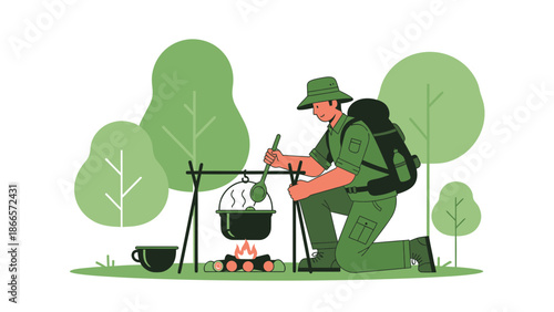 Aventurous Hiker Cooks Food In Nature Campfire Adventure In The Wilderness