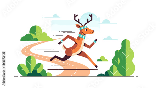 Animated Reindeer Jogging In Nature With Determination And Speed Illustration