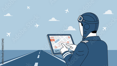 Aviator Planning Flight Route With Digital Tablet Technology For Air Travel