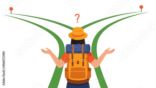 Backpacker At Crossroads Making Important Life Decision About Which Way To Go