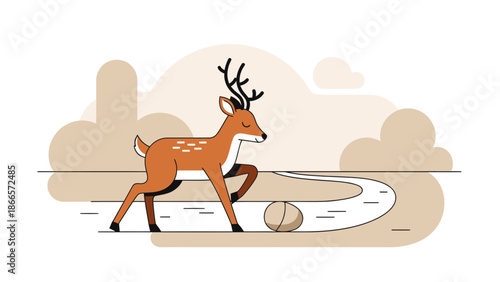 Animated Style Deer Exploring Nature In A Beige Landscape With Curvy River
