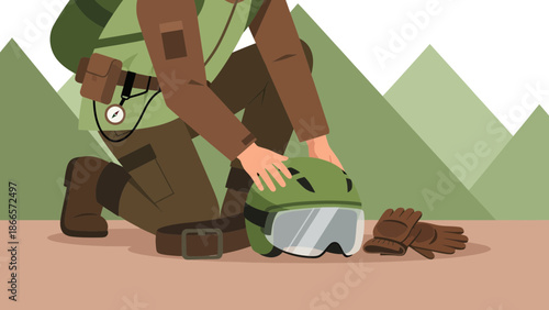 Backcountry Hiker Prepares Gear For Exploration Adventure In Mountainous Terrain